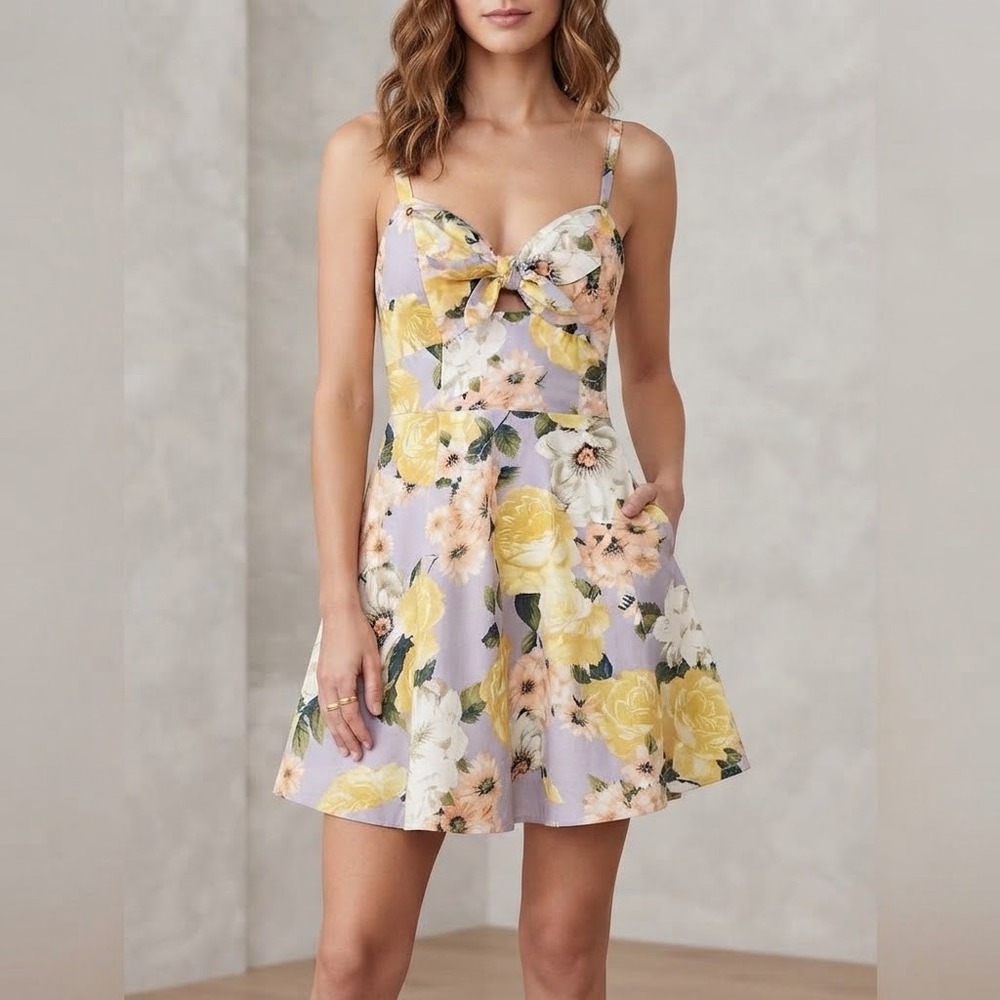 NEW Speechless Floral Tie Front Fit & Flare Dress Lavender Yellow Preppy 9
